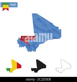 Carte bleu Mali Low Poly avec la capitale Bamako, versions avec drapeau, noir et contour. Illustration vectorielle. Illustration de Vecteur