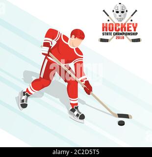 Un joueur de hockey conduit le palet sur glace dans un uniforme rouge Illustration de Vecteur