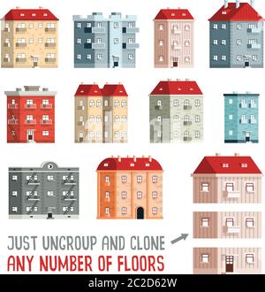 maisons rétro colorées et détaillées dans un style plat Illustration de Vecteur