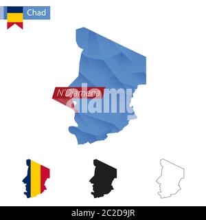 Carte de la Basse Poly du bleu du Tchad avec la capitale n'Djamena, versions avec drapeau, noir et contour. Illustration vectorielle. Illustration de Vecteur