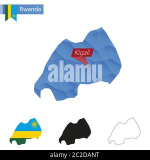 Carte bleu du Rwanda Low Poly avec la capitale Kigali, versions avec drapeau, noir et contour. Illustration vectorielle. Illustration de Vecteur