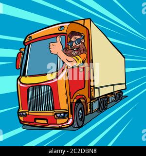 Chauffeur de camion. homme avec barbe Thumbs up. Comic cartoon retro pop art dessin illustration vectorielle Banque D'Images