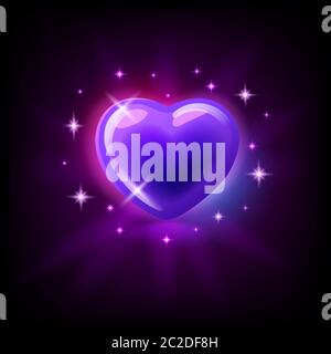 Coeur brillant violet vif avec des sparkles, icône de fente pour le casino en ligne ou logo pour le jeu mobile sur fond violet foncé, illustration vectorielle Illustration de Vecteur