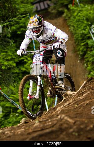 19 JUIN 2010 - LEOGANG, AUTRICHE. Steve Peat à la coupe du monde UCI Mountain Bike Downhill. Portant le maillot Rainbow du champion du monde Banque D'Images