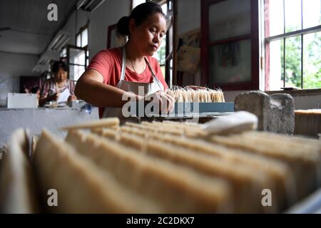 (200617) -- JINGXIAN, 17 juin 2020 (Xinhua) -- UN ouvrier peigne les cheveux de la brosse Xuan dans un fabricant local du comté de Jingxian, province d'Anhui en Chine orientale, 4 juin 2020. Les brosses à encre sont utilisées dans la peinture et la calligraphie chinoises traditionnelles. Avec la pierre à encre, le papier à bâtons d'encre et le papier Xuan, ces quatre instruments d'écriture constituent les « quatre trésors de l'étude ». Un type très acclamé de brosse à encre, le pinceau Xuan est censé être originaire de la dynastie Qin (autour de 200 avant JC) dans la région de Xuanzhou de la Chine antique. Les cheveux de la brosse Xuan sont habituellement faits à partir des cheveux de lapin, de belette ou de chèvre, dépendent Banque D'Images
