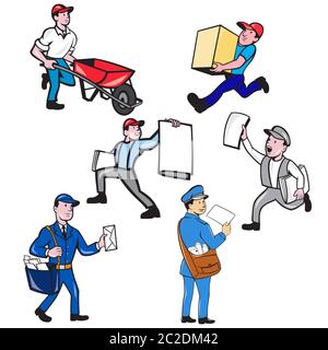 Ensemble ou collection d'illustrations de style mascotte de personnage de dessin animé d'un living person , mailman, postman, journal living boy sur blanc isolé bac Banque D'Images