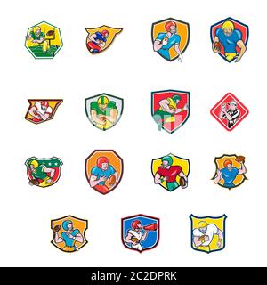 Collection de personnages de dessin animé style icône illustration de joueur de football américain dans différentes positions comme quarterback, course arrière, centre, large Banque D'Images