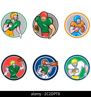 Ensemble ou Collection de dessin animé style de personnage illustration de joueur de football américain comme quarterback, courant arrière, centre, grand récepteur, attaquez, gua Banque D'Images
