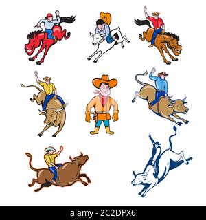 Ensemble ou collection de personnages de dessin animé, illustration de style mascotte d'un cowboy rodéo à cheval sur un bronze ou un taureau sur fond blanc isolé. Banque D'Images