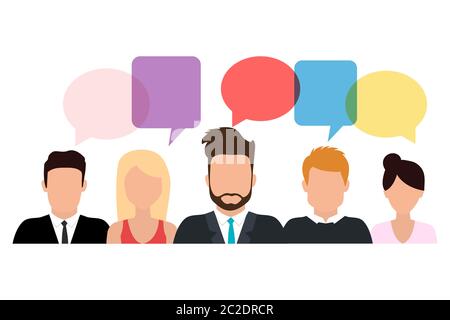 les hommes d'affaires discutent des réseaux sociaux, des nouvelles, des réseaux sociaux, du chat, des bulles de dialogue Illustration de Vecteur