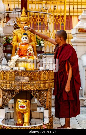 Un moine bouddhiste verse de l'eau sur UNE statue de Bouddha à la Pagode Shwedagon, Yangon, Myanmar. Banque D'Images