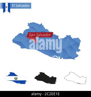 Carte bleu d'El Salvador Low Poly avec la capitale San Salvador, versions avec drapeau, noir et contour. Illustration vectorielle. Illustration de Vecteur