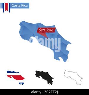 Carte bleu de la basse Poly du Costa Rica avec la capitale San Jose, quatre versions de la carte. Illustration vectorielle. Illustration de Vecteur