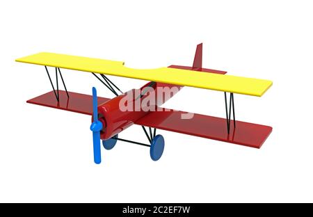 Avion, jouet en bois coloré, rendu 3D, sur fond blanc Banque D'Images