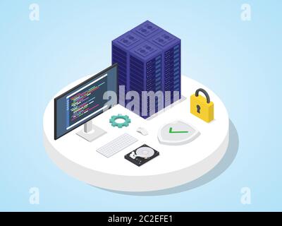 Serveur défendu par un bouclier avec un cadenas. Concept de sécurité serveur conception 3D isométrique illustration moderne de vecteur de style plat Banque D'Images
