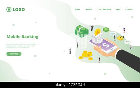 Campagne bancaire mobile pour le site web accueil page d'accueil page d'accueil modèle bannière isométrique 3d design moderne plat style vecteur. Banque D'Images