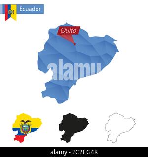 Carte bleu de l'Equateur Low Poly avec la capitale Quito, versions avec drapeau, noir et contour. Illustration vectorielle. Illustration de Vecteur