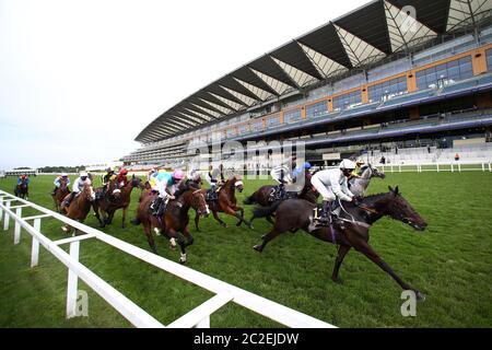 Une vue générale tandis que les coureurs et les cavaliers se rendent au premier virage dans le Copper Horse handicap pendant le deuxième jour de Royal Ascot à l'hippodrome d'Ascot. Banque D'Images