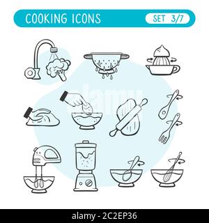 Jeu d'icônes d'instructions de cuisson. Très utile pour expliquer les recettes de cuisine. Style Doodle. Troisième partie de la collection complète de sept images. Illustration de Vecteur