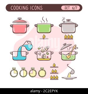 Jeu d'icônes d'instructions de cuisson. Très utile pour expliquer les recettes de cuisine. Style coloré dessiné à la main. Sixième partie de la collection complète de sept images. Illustration de Vecteur