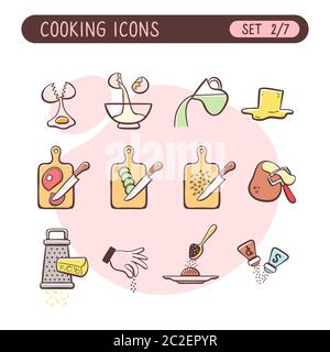 Jeu d'icônes d'instructions de cuisson. Très utile pour expliquer les recettes de cuisine. Style coloré dessiné à la main. Deuxième partie de la collection complète de sept images. Illustration de Vecteur