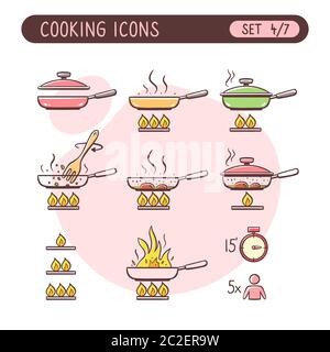 Jeu d'icônes d'instructions de cuisson. Très utile pour expliquer les recettes de cuisine. Style coloré dessiné à la main. Quatrième partie de la collection complète de sept images. Illustration de Vecteur