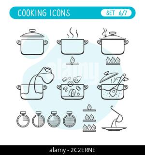 Jeu d'icônes d'instructions de cuisson. Très utile pour expliquer les recettes de cuisine. Style Doodle. Sixième partie de la collection complète de sept images. Illustration de Vecteur