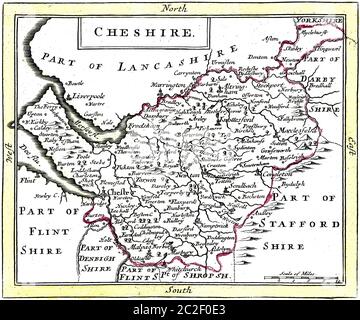 Une carte colorée du Cheshire numérisée à haute résolution à partir d'un livre publié dans les années 1780. Cette image est considérée comme libre de tout droit d'auteur. Banque D'Images