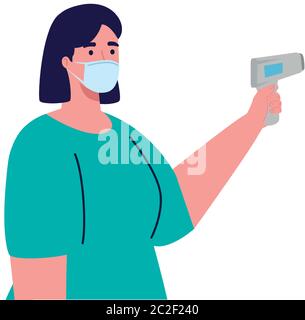 covid 19 coronavirus, femme tenant un thermomètre infrarouge pour mesurer la température corporelle Illustration de Vecteur