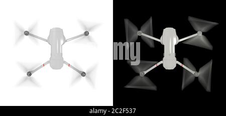 Le drone en vue de dessus est isolé sur un fond noir et blanc. Quadrocopter avec hélice rotative et flou de mouvement. Illustration du rendu 3D. Banque D'Images