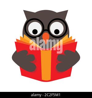 Hibou à lunettes est en train de lire le livre rouge, la sagesse et le concept d'éducation et le symbole. Banque D'Images