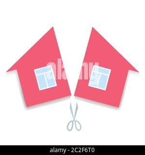 concept de divorce et de division de la propriété. maison de papier rose coupée en deux. illustration vectorielle Illustration de Vecteur