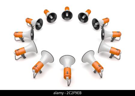 De nombreux mégaphones sont disposés en cercle et dirigés l'un vers l'autre. Haut-parleurs isolés sur fond blanc. Illustration conceptuelle avec copie sp Banque D'Images