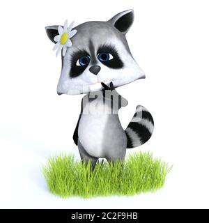 Le rendu 3D d'un cartoon raccon standing and smiling portant une fleur et à très mignon. Arrière-plan blanc. Banque D'Images