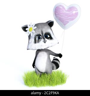 Le rendu 3D d'un raton laveur cute cartoon debout et tenant un ballon coeur, l'air très heureux. Arrière-plan blanc. Banque D'Images