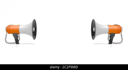 Deux mégaphones sont dirigés l'un vers l'autre. Haut-parleurs isolés sur fond blanc. Illustration conceptuelle avec espace de copie. Rendu 3D. Banque D'Images