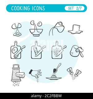 Jeu d'icônes d'instructions de cuisson. Très utile pour expliquer les recettes de cuisine. Style Doodle. Deuxième partie de la collection complète de sept images. Illustration de Vecteur