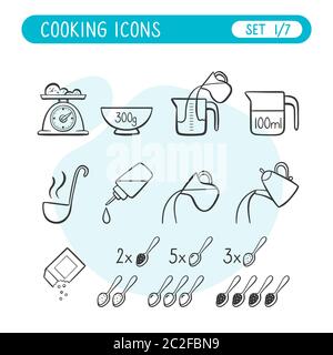 Jeu d'icônes d'instructions de cuisson. Très utile pour expliquer les recettes de cuisine. Style Doodle. Première partie de la collection complète de sept images. Illustration de Vecteur