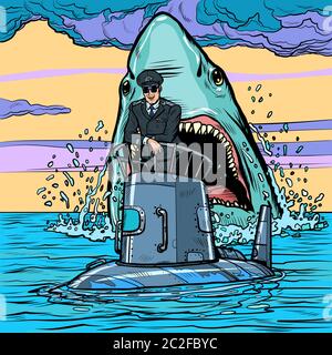 Le capitaine du sous-marin. Attaque de requin. Retro pop art dessin illustration vectorielle Banque D'Images