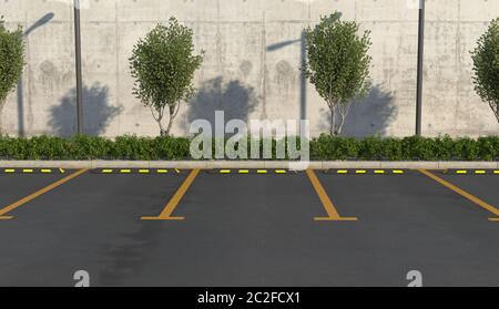 Parking vide sans voitures. Places de stationnement, trottoir pour piétons avec lit de fleurs. Rendu 3D. Banque D'Images