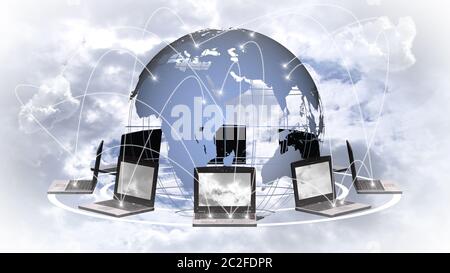 Concept de communication d'entreprise - ordinateurs portables connectés - réseau mondial Banque D'Images