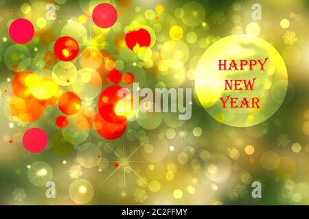 Résumé rouge coloré festif floue nouvelle texture de fond d'or de l'année avec des cercles et des étoiles. bokeh La conception de la carte avec l'inscription Happy New Banque D'Images