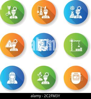 Professionnel travailleur plat conception longue ombre glyphe icônes ensemble Illustration de Vecteur