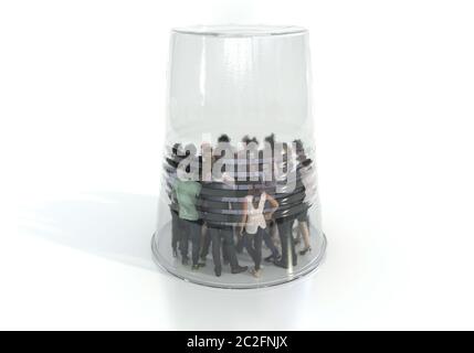 Un groupe de personnes est couvert d'une tasse en plastique transparent. Pollution environnementale par les déchets toxiques. Illustration créative conceptuelle avec espace de copie Banque D'Images