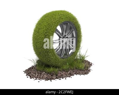 Roue de voiture recouverte d'herbe verte isolée sur fond blanc. Illustration conceptuelle créative du transport écologique. Écologique Banque D'Images