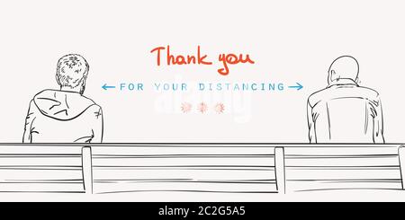 Merci pour votre bannière Covid-19 distanciée, Stop spread coronavirus Gardez la distance sociale. Deux hommes s'assoient sur le banc depuis l'arrière. Vecteur dessiné à la main il Illustration de Vecteur