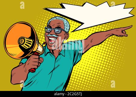 Vieil homme africain avec un mégaphone. Pop art retro kitsch vintage dessin illustration vectorielle Banque D'Images