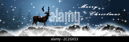 Renne dans les montagnes enneigées et le texte Joyeux Noël Banque D'Images