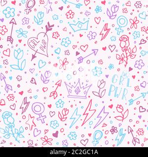 Motif vectoriel sans couture avec symboles de puissance pour fille et phrases dessinées à la main. Arrière-plan abstrait de l'alimentation de GRL. Design girly pour les imprimés de t-shirt, les étuis pour téléphones, l'emballage ou les affiches. Illustration vectorielle. Illustration de Vecteur