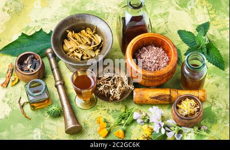 Flacons de teinture et herbes sains.assortiment de plantes médicinales naturelles Banque D'Images